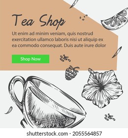 Assortment of herbs and beverages in tea shop, cup with warm liquid with flowers and herbal base. Shopping buying online. Promotional banner, poster with discounts and sales. Vector in flat style