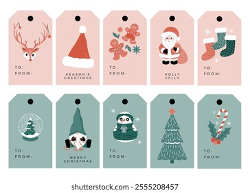 An assortment of holiday gift tags with Christmas themed illustrations