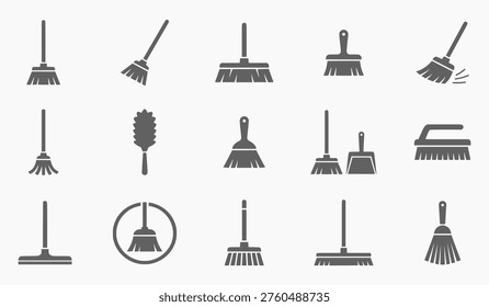 An assortment of household cleaning implements, featuring various brooms, a duster, mops, and brushes, depicted as minimalist gray glyphs on a plain background.