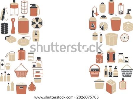 An assortment of household cleaning and personal care items like bottles brushes sponges and containers arranged for domestic bathroom and cleaning routines