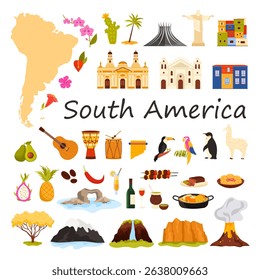 An assortment of images showcase the diverse essence of South America, from its architecture and wildlife to its vibrant culture and cuisine. A glimpse into this captivating region.
