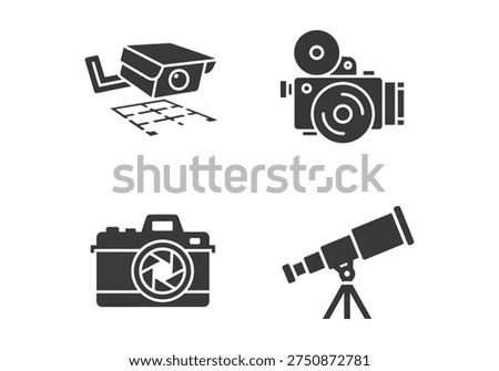 Assortment of imaging technology symbols including wall mounted security camera vintage reel to reel motion picture device aperture slr and astronomical telescope