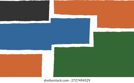 Uma variedade de fragmentos de papel rasgados de forma irregular em tons pretos, azuis, laranja e verdes, sobrepostos e sobrepostos para formar um mosaico abstrato. Estas peças fornecem um elemento de design versátil, perfeito para adicionar uma texturizada, sensação artesanal para projetos digitais ou de impressão.