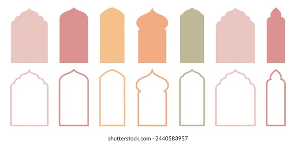 Assortment of Islam's traditional window or door designs. Collection of Mosque Muslim frames in both silhouette and outline.