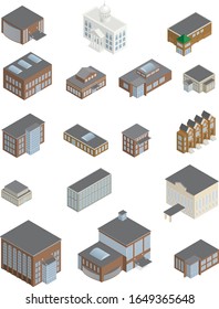 Una variedad de edificios isométricos en formato vectorial