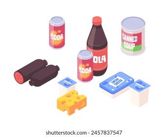 Un surtido de artículos de alimentación isométricos sobre un fondo claro, conjunto de Ilustraciones vectoriales 3D aisladas sobre fondo blanco