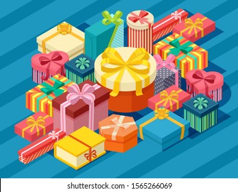 Assortment of isometric present boxes, vector illustration. Many different gift packages decorated with colorful wrapping paper and ribbons. Birthday present, christmas gift, romantic surprise box