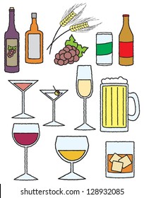 An assortment of items related to alcoholic drinks and beverages.