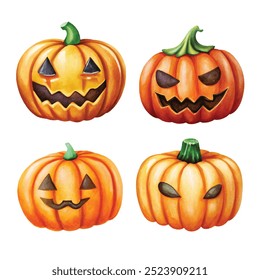 Assortment of Jack-o'-lanterns with various spooky expressions