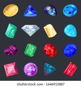 Assortment of jewelry, gem shop. Big vector set with red, yellow, pink, blue, green, purple minerals, gemstones diamond, emerald, ruby, sapphire tourmaline amethyst alexandrite garnet citrine svg