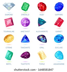 Assortment of jewelry, gem shop. Big vector set with red, yellow, pink, blue, green, purple minerals, gemstones: diamond, emerald, ruby, sapphire, tourmaline, amethyst, alexandrite, garnet, citrine.