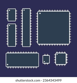 Eine Auswahl an Mikrochip-Symbolen, die integrierte Schaltkreise hervorheben, die auf dunklem Hintergrund im Vektorformat eingestellt sind.