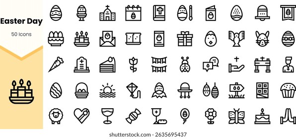 An assortment of minimalist icons representing Easter Day, featuring symbols like eggs, bunnies, churches, and festive decorations in black line art.