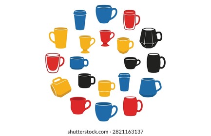 Assortment of modern kitchenware icons. Minimalist beverage containers. Colorful ceramic pottery set for breakfast.