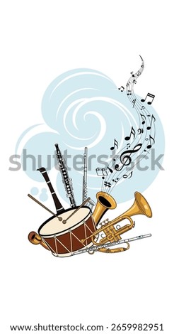 An assortment of musical instruments creating melodious sounds with notes floating on a swirling breeze