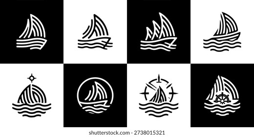 Assortment of nautical vector logos featuring sailboats, ocean waves, and maritime navigation elements like a compass and steering wheel. Ideal for travel, marine, or coastal branding.