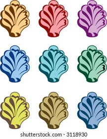 An assortment of nine colorful shells