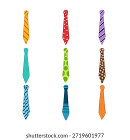 Surtido de nueve corbatas vibrantes que muestran varios patrones y colores, incluidas rayas, lunares y diseños abstractos, que representan la moda, los negocios y la ropa formal