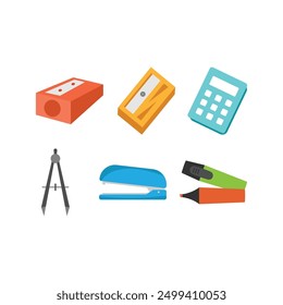 Assortment of office supplies including pencil sharpener, compass, stapler, marker, calculator. Perfect for school, office or business concept.