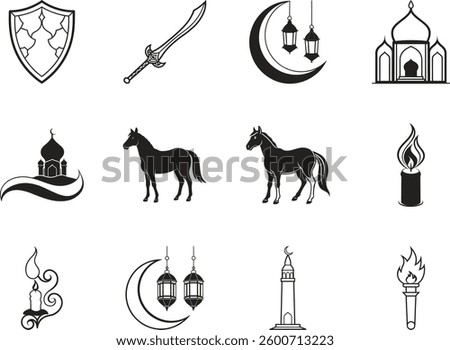 An assortment of outlined icons representing different facets of Islamic culture. Elements include mosques, a crescent moon with hanging lanterns, a curved sword, a horse, candles,