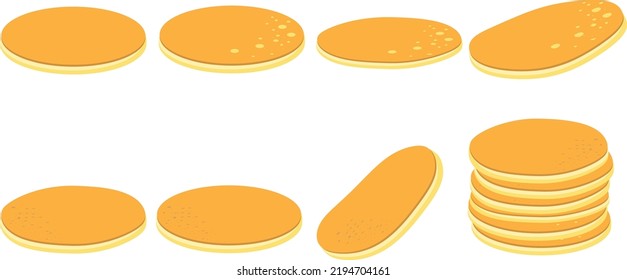 Assortment of pancakes. Set of homemade pancakes,  isolated. Flat colour design, vector illustration. 