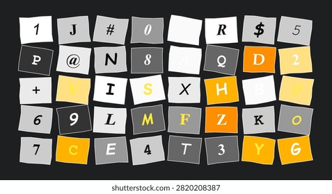 Assortment of paper cutout letters, numbers, and symbols on dark background, conveying a sense of urgency or clandestine messages.