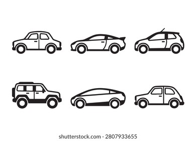 Assortment of passenger vehicles and suv models in line art style with sports car