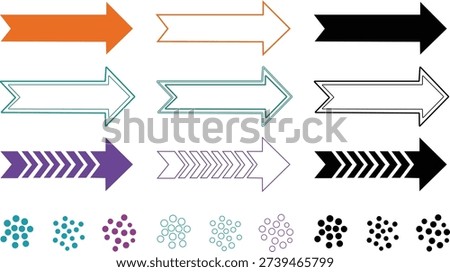 Assortment of patterned and solid arrows with circle clusters in teal, purple, and black