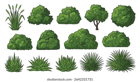 An Assortment of Pixelated Evergreen Shrubs and Grasses for Landscaping Projects