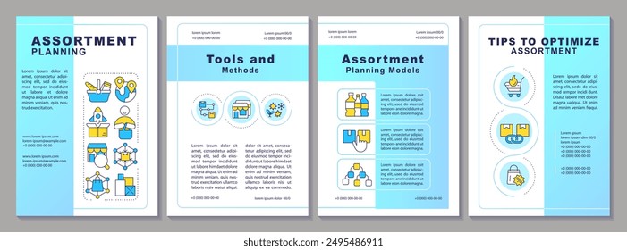 Plantilla de folleto azul de planificación de surtido. Industria minorista. Diseño de folleto con iconos lineales. Editable 4 diseños de Vector para presentación, informes anuales