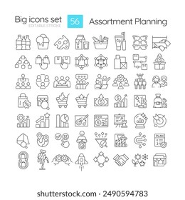 Assortment planning linear icons set. Marketing strategy. Merchandise management. Retail business. Consumers. Customizable thin line symbols. Isolated vector outline illustrations. Editable stroke