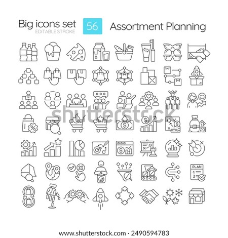 Assortment planning linear icons set. Marketing strategy. Merchandise management. Retail business. Consumers. Customizable thin line symbols. Isolated vector outline illustrations. Editable stroke