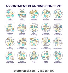 Assortment planning multi color concept icons. Retail management. Sales and operation planning. Product variation. Icon pack. Vector images. Round shape illustrations. Abstract idea