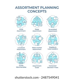 Assortment planning soft blue concept icons. Product variety. Business strategy. Retail industry. Icon pack. Vector images. Round shape illustrations. Abstract idea. Easy to use in article