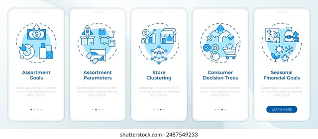 Assortment planning tools blue onboarding mobile app screen. Walkthrough 5 steps editable graphic instructions with linear concepts. UI, UX, GUI template