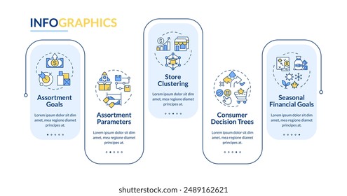 Herramientas de planificación de surtido rectángulo azul Plantilla infográfica. Visualización de datos con 5 pasos. Gráfico de información de línea de tiempo editable. Diseño de flujo de trabajo con iconos de línea