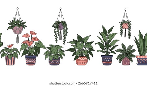 An Assortment of Potted Plants Displayed in a Refreshing Garden Scene with Decorative Pots