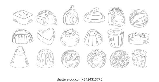 Assortment Of Premium Chocolate Candies Outline Monochrome Icons Vector Set. Truffles, Praline Cocoa Desserts