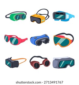 Surtido de gafas protectoras y auriculares que muestran gafas de seguridad, gafas de sol, auriculares de coche y protección ocular industrial para contextos laborales, deportivos, de salud y tecnológicos