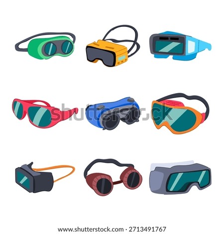 Assortment of protective eyewear and headsets showcasing safety goggles, sunglasses, vrar headsets and industrial eye protection for work, sport, health and technology contexts