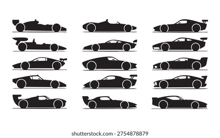Assortment of race car silhouettes, multiple types, side profile view, sports vehicle vector.