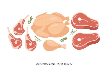 Assortment of raw meat including a whole chicken, lamb chops, and beef steaks garnished with fresh green herbs.