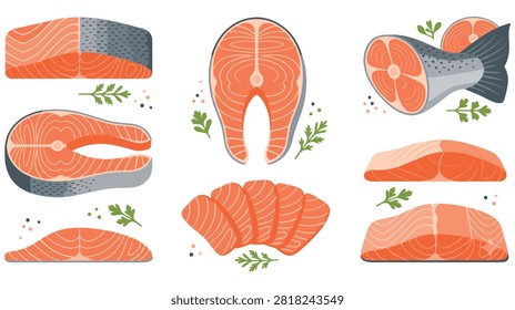 Assortment of raw salmon fish cuts, steaks, and whole fish, prepared for cooking and culinary use, garnished with herbs.