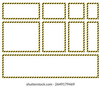 Uma variedade de quadros retangulares e quadrados contornados com padrão de fita de aviso diagonal amarelo e preto sobre um pano de fundo branco limpo. Use para sinais de cuidado ou exibições.