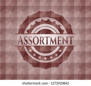 Assortment red emblem or badge with geometric pattern background. Seamless.