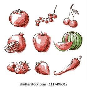 Assortment Of Red Foods, Fruit And Vegtables, Vector Sketch