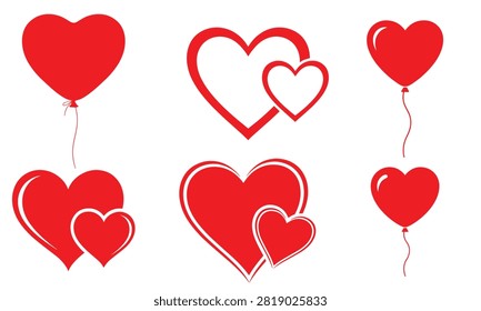Assortment of red heart graphics with balloons, overlapping outlines, and textured edges, symbolizing love and affection.