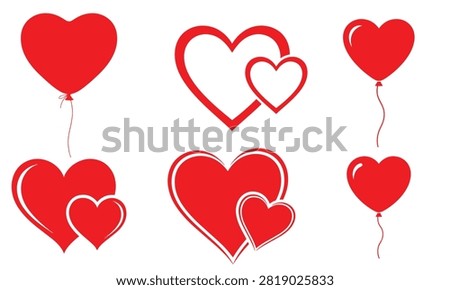Assortment of red heart graphics with balloons, overlapping outlines, and textured edges, symbolizing love and affection.