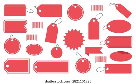 Assortment of red retail price tags and barcodes for product labeling and commercial marketing clearance sales.