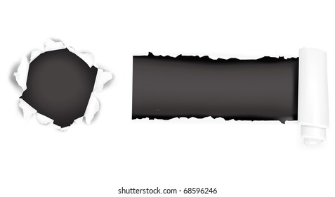 Assortment of ripped white paper against a black backgrounds. Vector illustration.